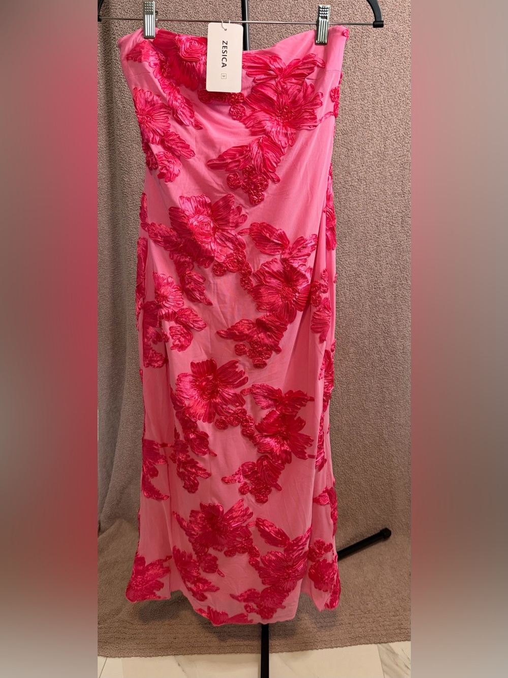 ZESICA Pink Floral Velvet Burnout Strapless Maxi Dress M NWT